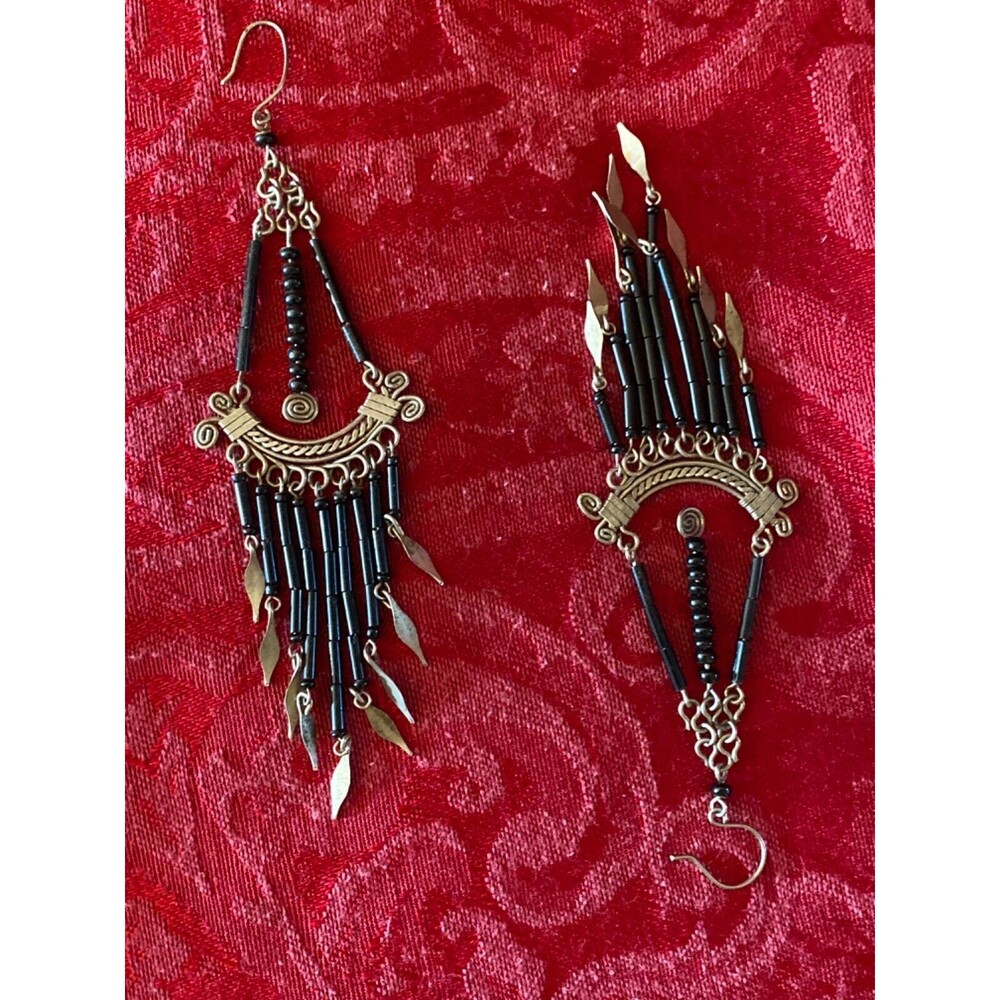 Boho silver with black beads chandelier earrings